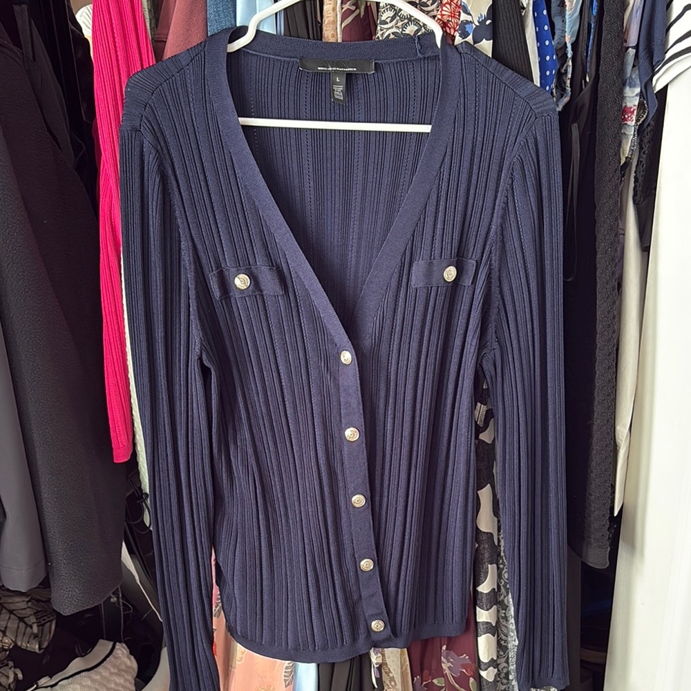 Whbm Navy Blue Ribbed Cardigan with Button Details